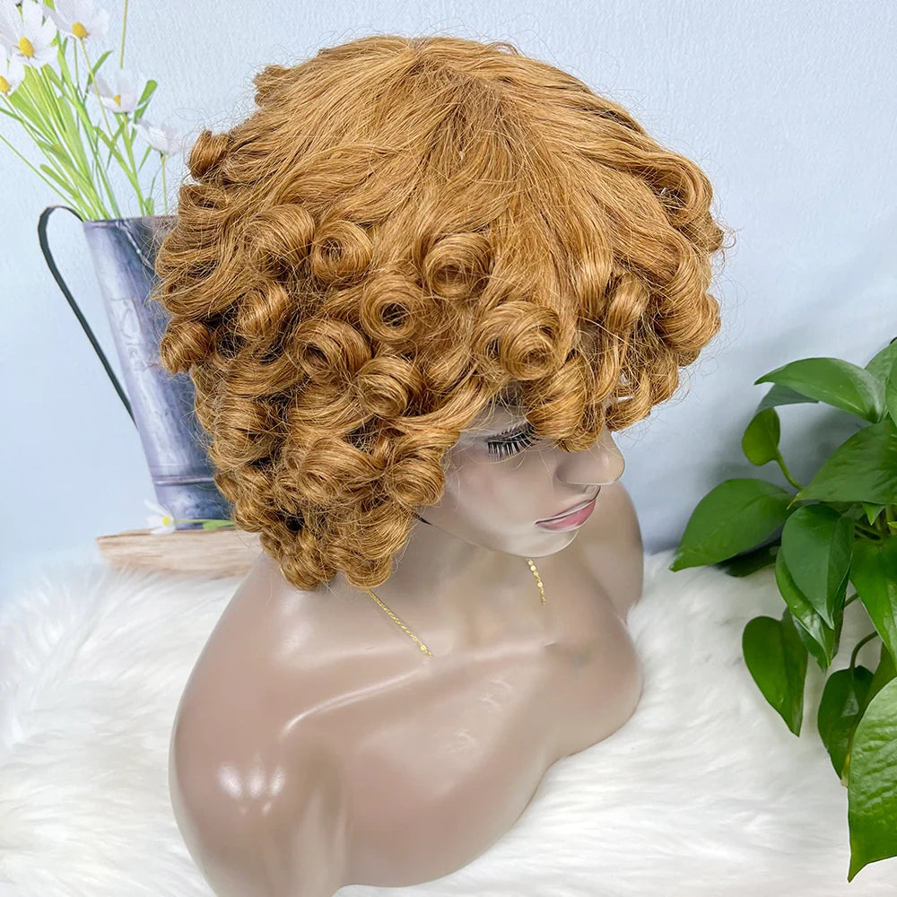 Funmi curl-- color #8--full machine made wig with bang