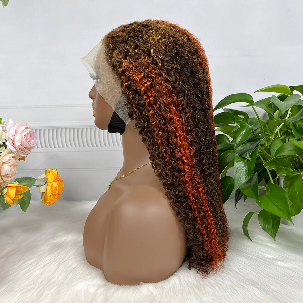 Kinky curly color #P4/350, 13x4 Lace Frontal wig 100% Virgin Human Hair Transparent  LACE Wig 180% density