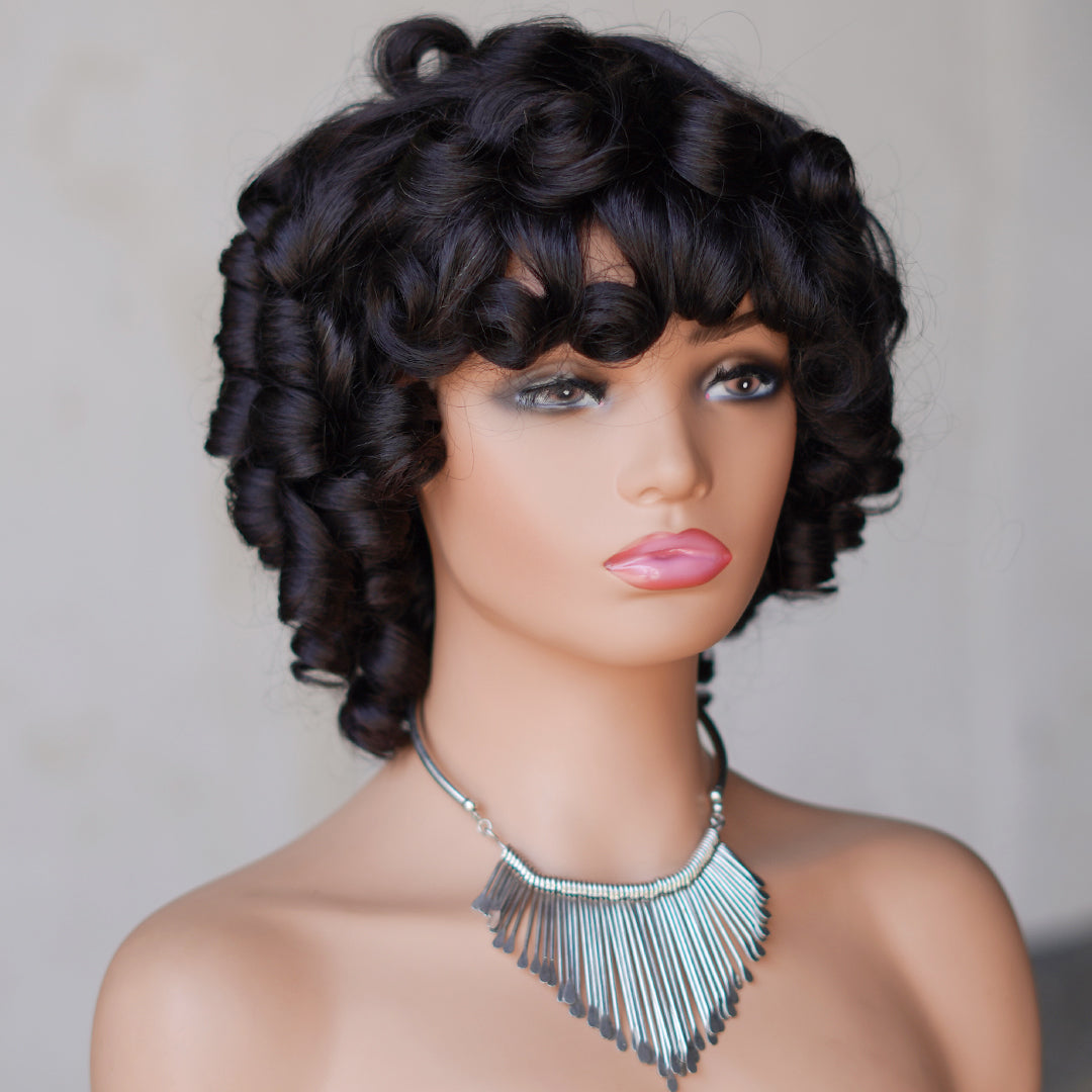 Natural black color--full machine made wig with bang---ZZY031
