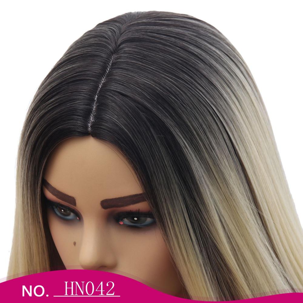 Fiber highlight gradient middle split buckle shoulder length straight wig