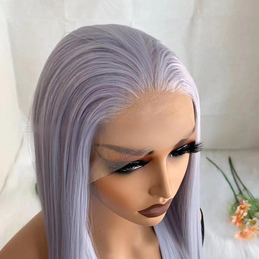 Peluca frontal de encaje de fibra de color liso --- 13*4 --- color púrpura lavanda