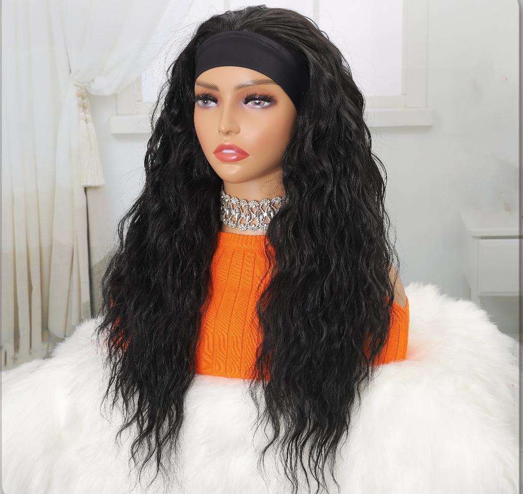 Long wavy fiber wig hair ribbon black wool curl