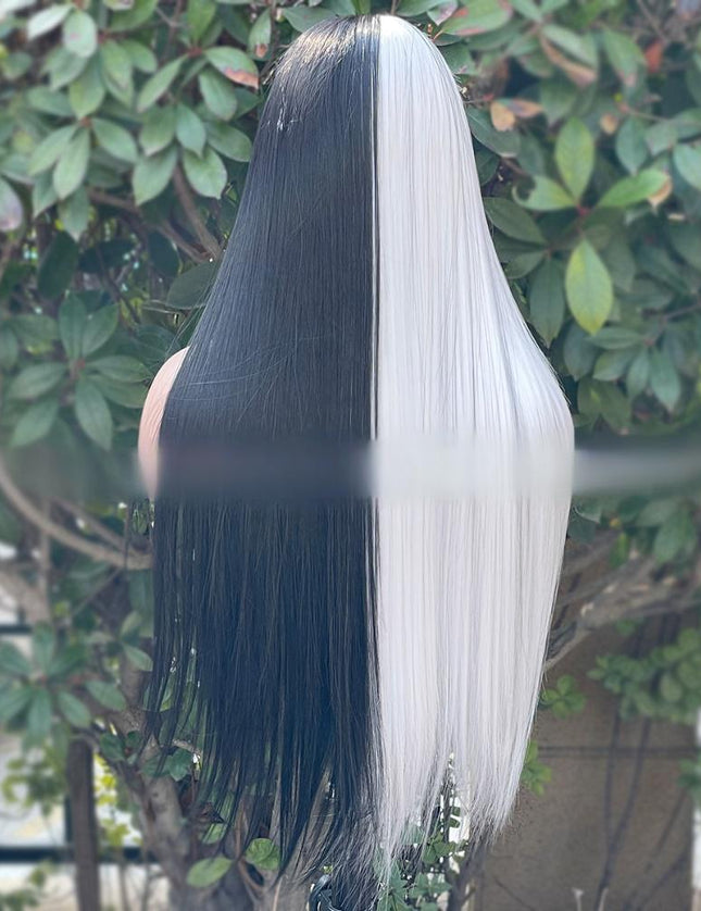 Synthetic lace frontal color wig straight---13*4---half white and half black color---- pay 1 get 2