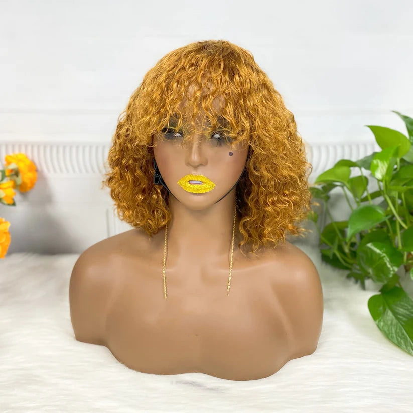 Jerry curly -- dark golden color  --full machine made wig with bang