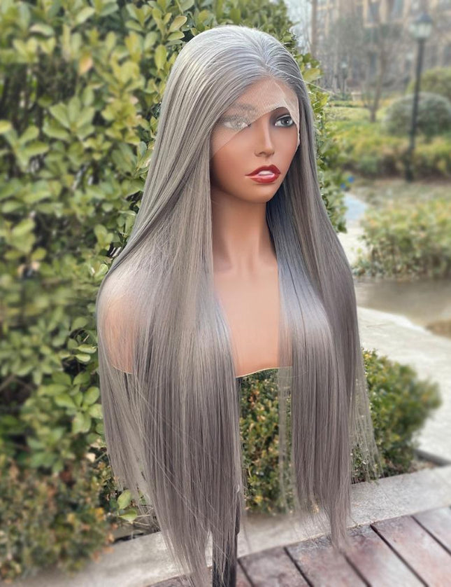 Synthetic lace frontal color wig straight---13*4---dark gray color---pay 1 get 2