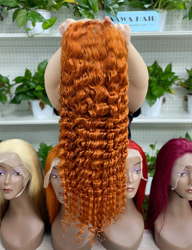 Deep wave #350 ginger color 4x4，5x5 Lace closure 100% Virgin Human Hair Wig 15A