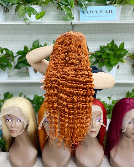 Deep wave #350 ginger color 4x4，5x5 Lace closure 100% Virgin Human Hair Wig 15A