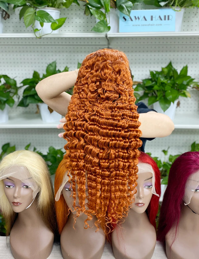 Deep wave ginger color, 13x4 Lace Frontal wig 100% Virgin Human Hair Wig 15A