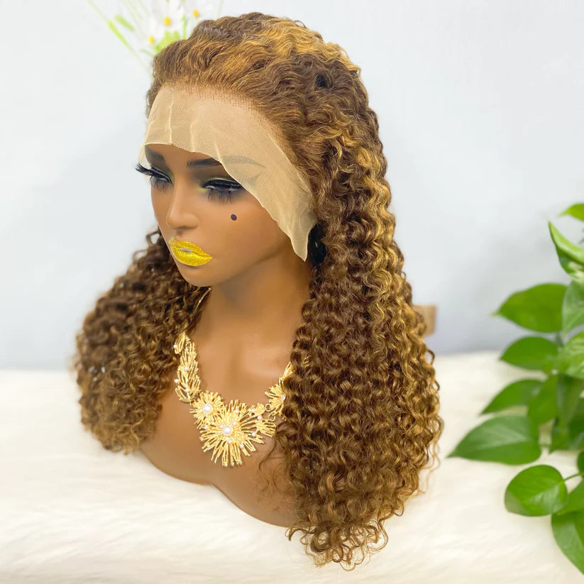 Jerry curly color  highlight #4/27, 13x4 Lace Frontal wig 100% Virgin Human Hair Transparent  LACE Wig 180% density