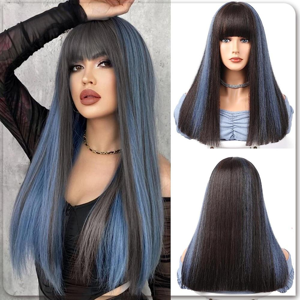 Straight fiber wig in brown and blue with bangs, long straight hair