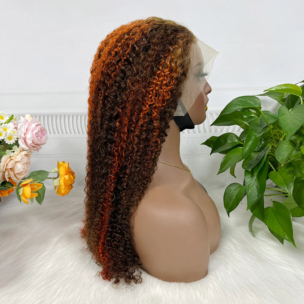 Kinky curly color #P4/350, 13x4 Lace Frontal wig 100% Virgin Human Hair Transparent  LACE Wig 180% density