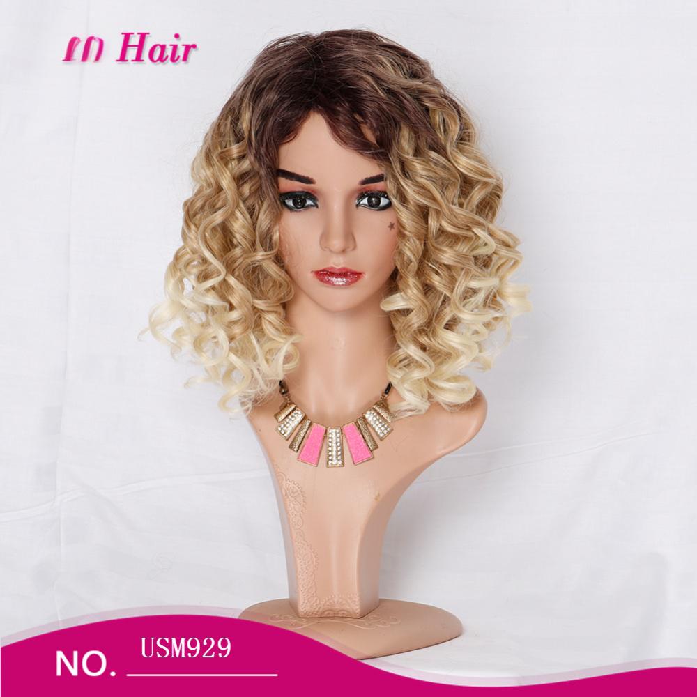 Short fiber wig curly ombre blonde color