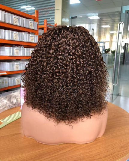 brown color pixie curly wave 4x4，5x5 Lace closure 100% Virgin Human Hair Wig 15A