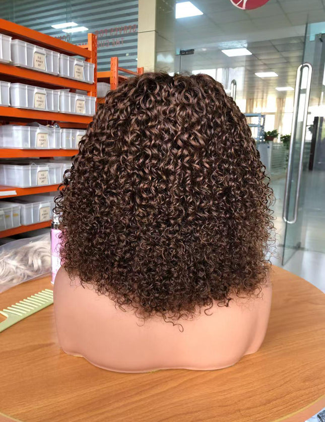 brown color pixie curly wave 4x4，5x5 Lace closure 100% Virgin Human Hair Wig 15A