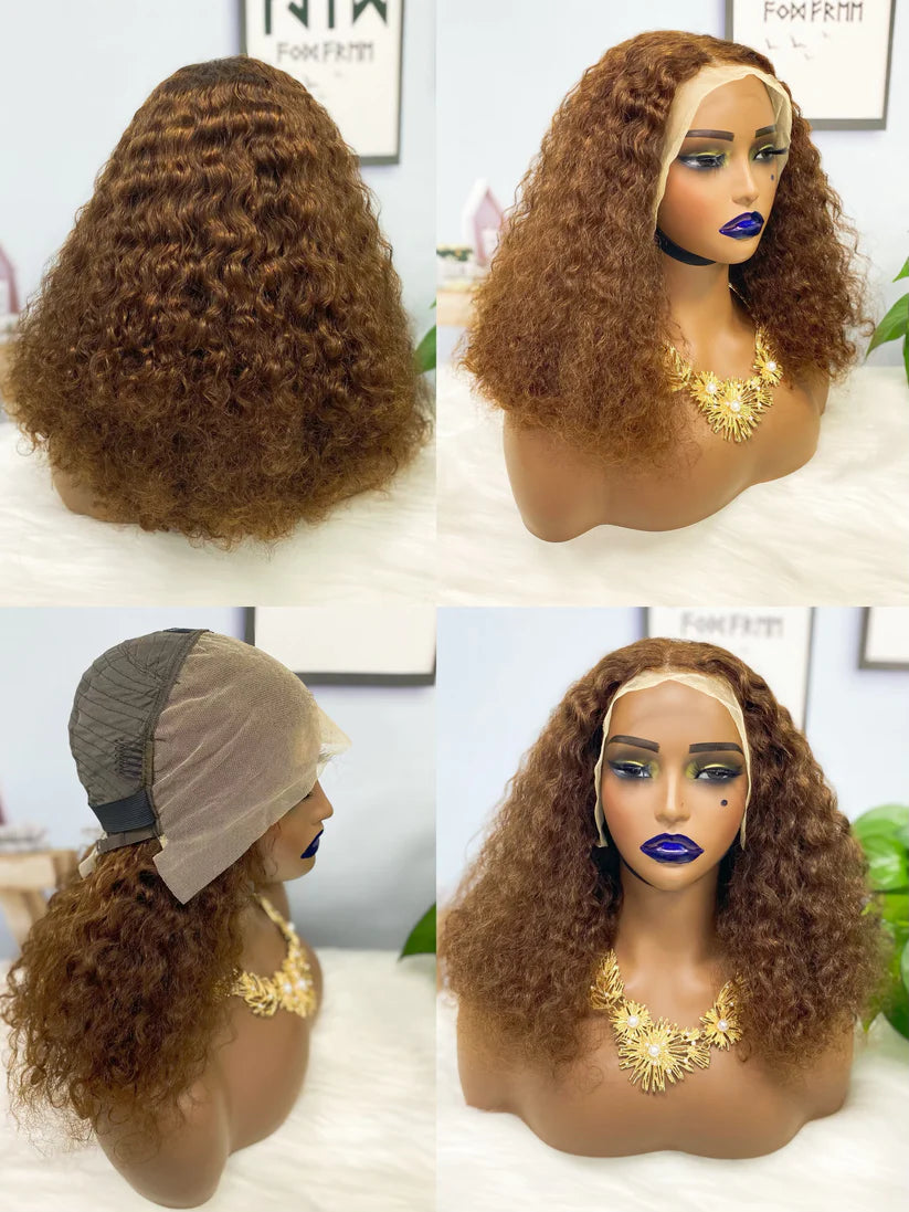 Pissy curl color #4， 13x4 Lace Frontal wig 100% Virgin Human Hair Transparent  LACE Wig 180% density