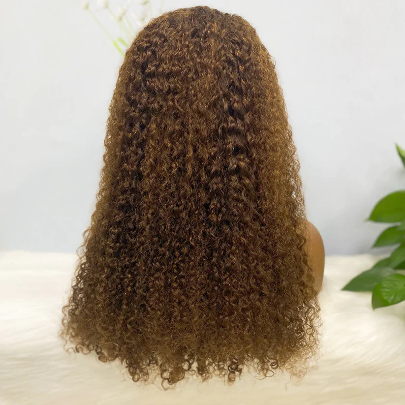 Jerry  curl  color #4， 13x4 Lace Frontal wig 100% Virgin Human Hair Transparent  LACE Wig 180% density