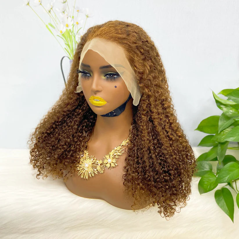 Jerry  curl  color #4， 13x4 Lace Frontal wig 100% Virgin Human Hair Transparent  LACE Wig 180% density