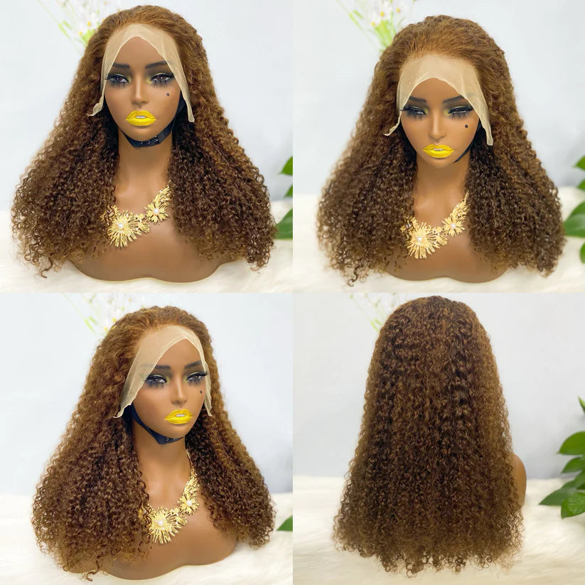 Jerry  curl  color #4， 13x4 Lace Frontal wig 100% Virgin Human Hair Transparent  LACE Wig 180% density