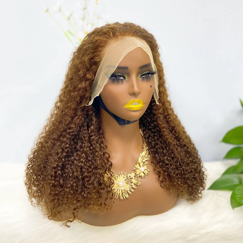 Jerry  curl  color #4， 13x4 Lace Frontal wig 100% Virgin Human Hair Transparent  LACE Wig 180% density