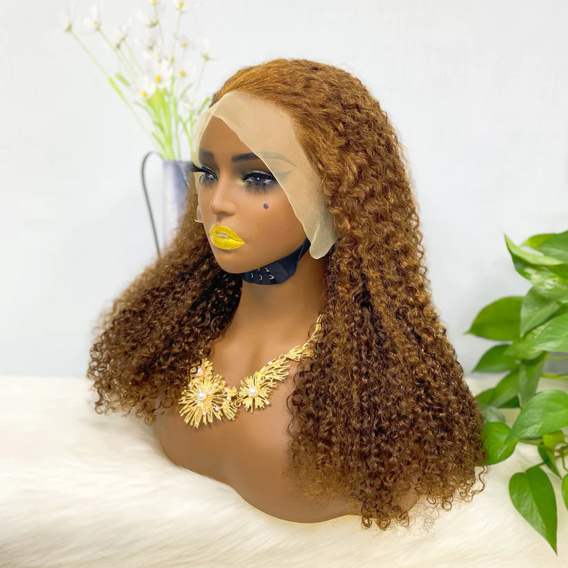 Jerry  curl  color #4， 13x4 Lace Frontal wig 100% Virgin Human Hair Transparent  LACE Wig 180% density