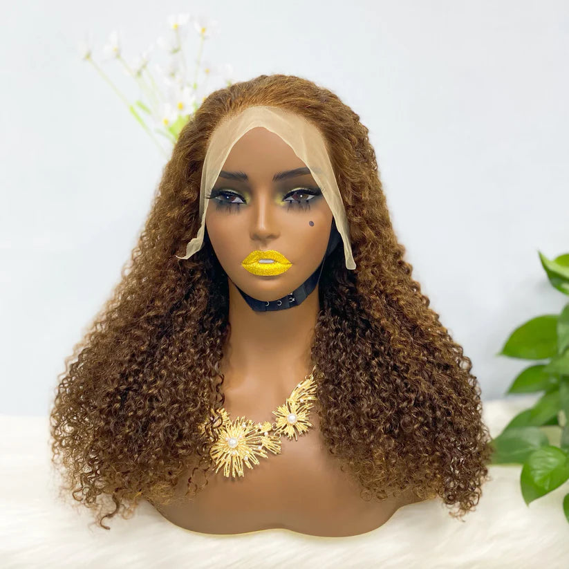 Jerry  curl  color #4， 13x4 Lace Frontal wig 100% Virgin Human Hair Transparent  LACE Wig 180% density