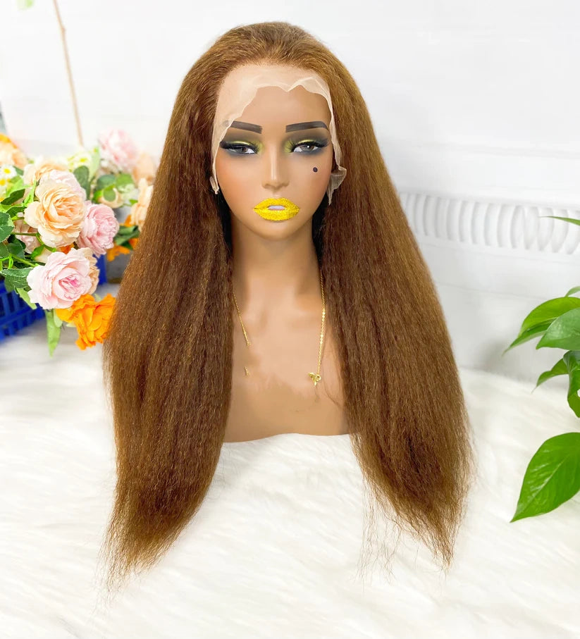 Kinky straight color #4, 13x4 Lace Frontal wig 100% Virgin Human Hair Transparent  LACE Wig 180% density