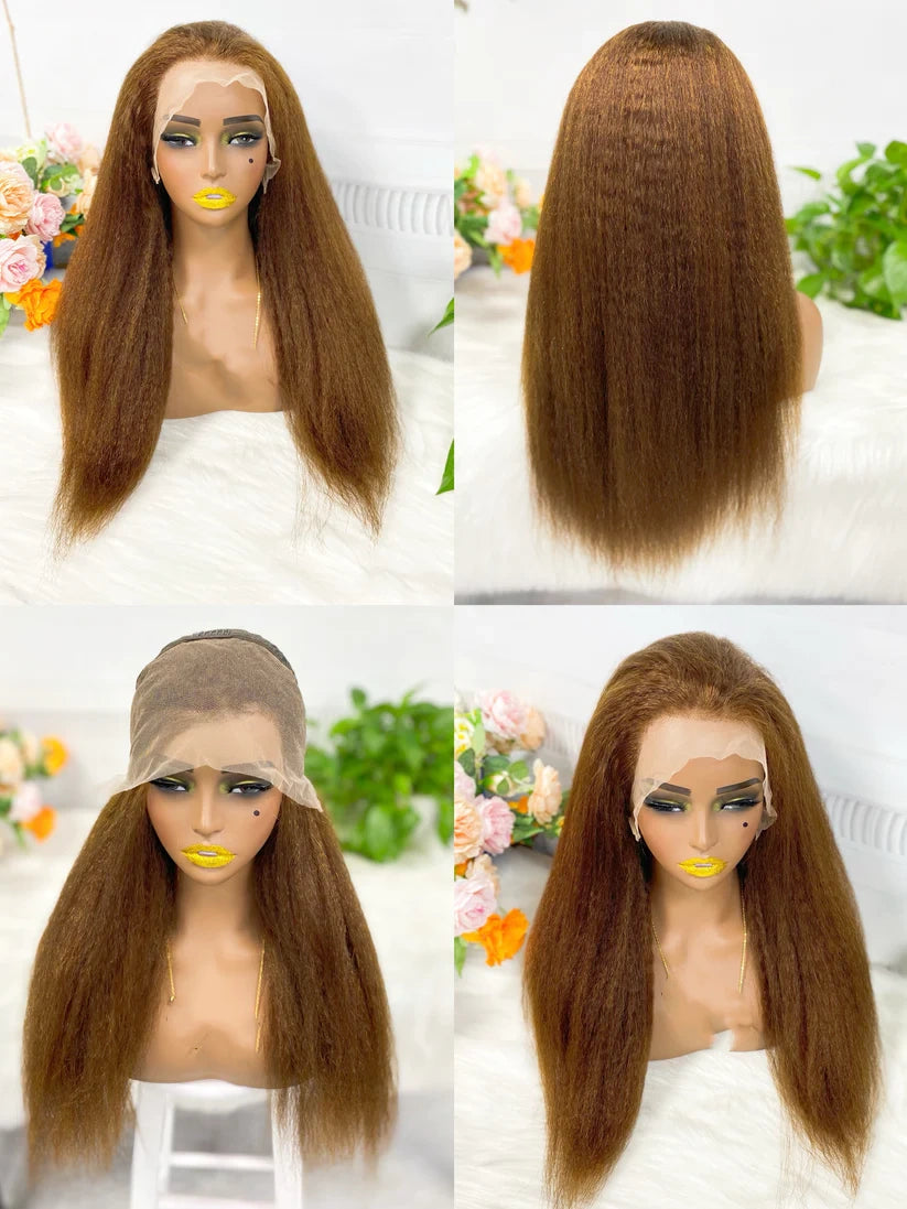 Kinky straight color #4, 13x4 Lace Frontal wig 100% Virgin Human Hair Transparent  LACE Wig 180% density