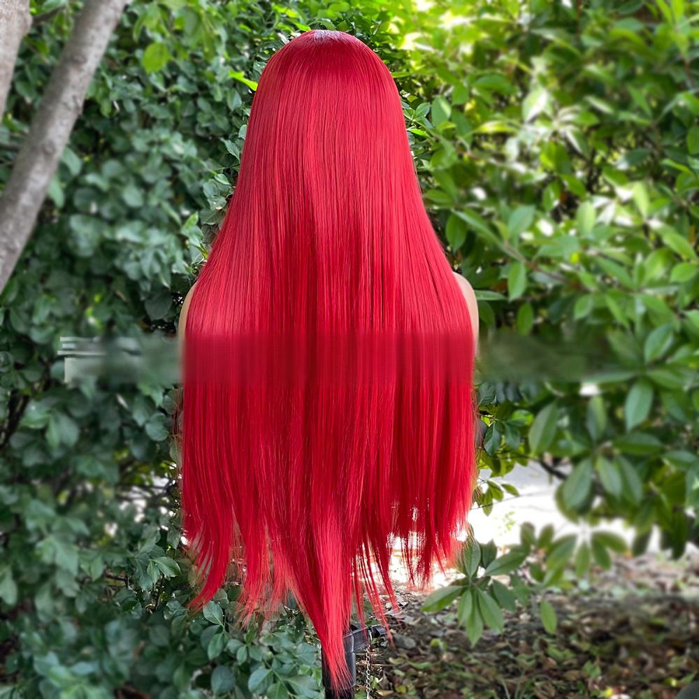 Peluca de color frontal de encaje de fibra recta---13*4---Color rojo rubí