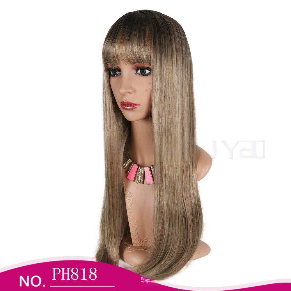 Fiber wig for women with straight hair, evenly parted bangs