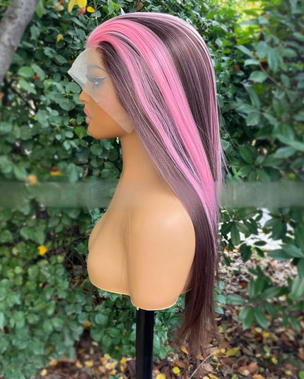 Synthetic lace frontal color wig straight---13*4---highlight pink and brown color--pay 1 get 2