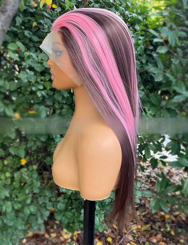 Synthetic lace frontal color wig straight---13*4---highlight pink and brown color--pay 1 get 2