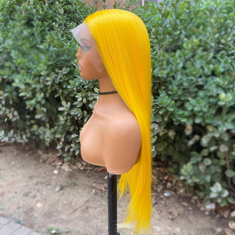 Peluca frontal de encaje de fibra de color liso --- 13*4 --- color amarillo