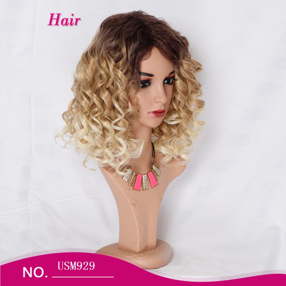 Short fiber wig curly ombre blonde color