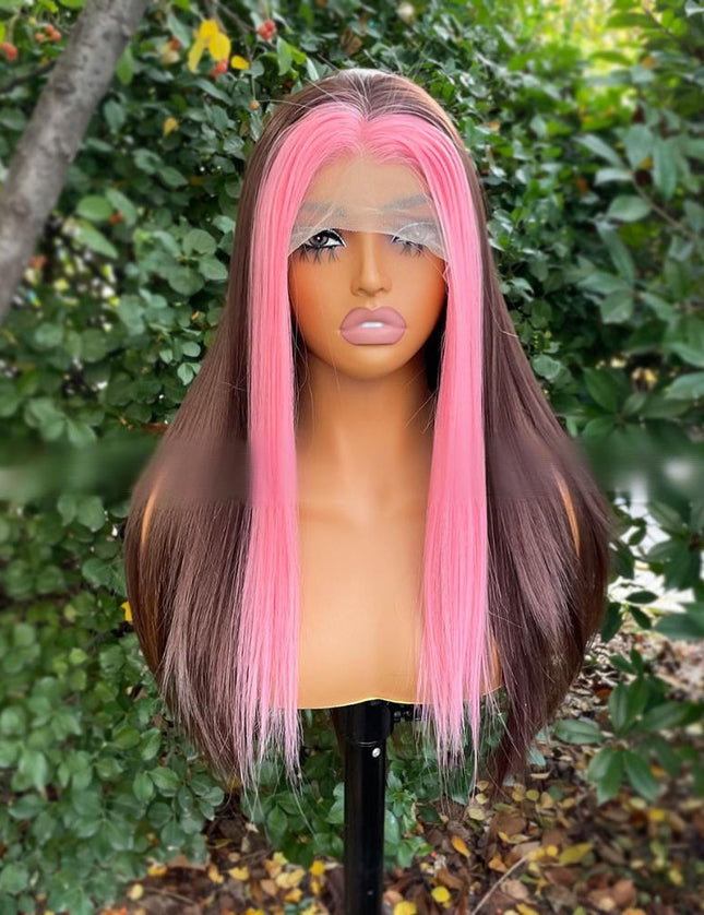 Synthetic lace frontal color wig straight---13*4---highlight pink and brown color--pay 1 get 2