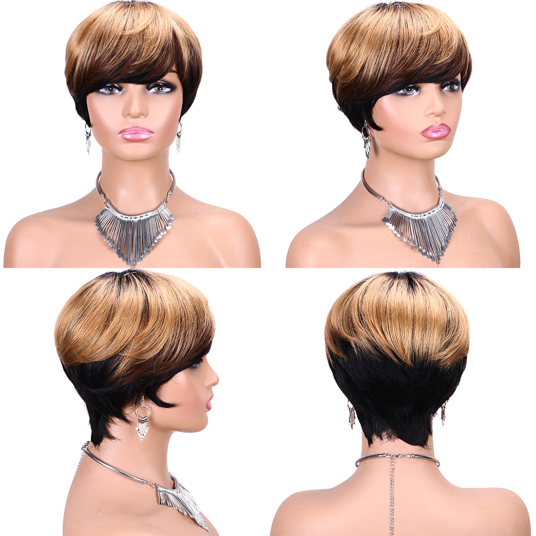 Machine made pixie cut wig---JK9171---Highlight #4/27 Color---RMB 61