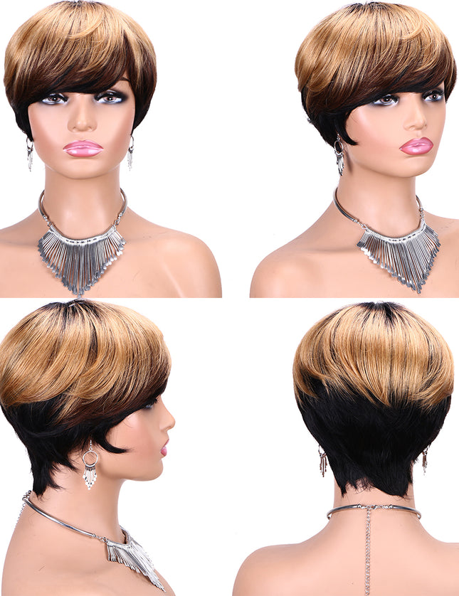 Machine made pixie cut wig---JK9171---Highlight #4/27 Color-pay 1 get 2