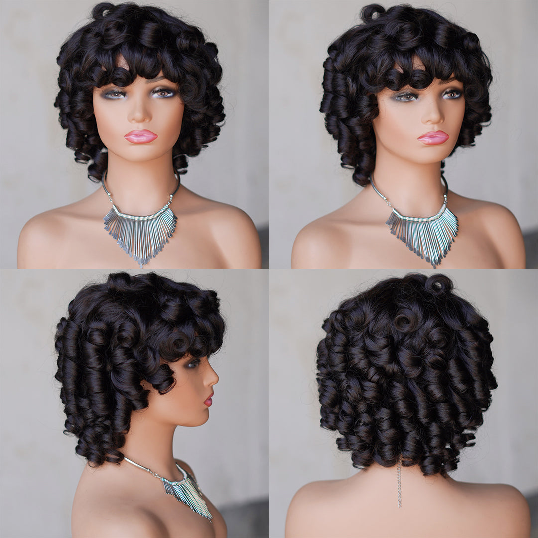 Natural black color--full machine made wig with bang---ZZY031