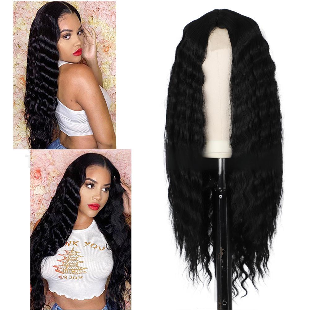 Deep wave fiber synthetic front lace middle parting wig-3
