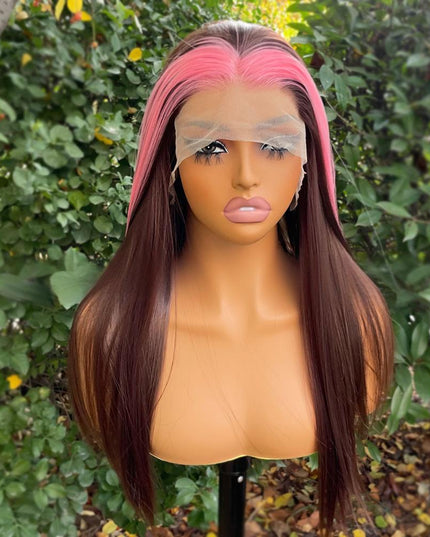Synthetic lace frontal color wig straight---13*4---highlight pink and brown color--pay 1 get 2