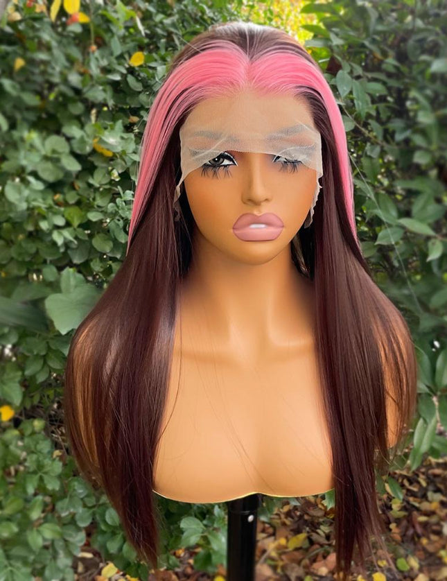 Synthetic lace frontal color wig straight---13*4---highlight pink and brown color--pay 1 get 2