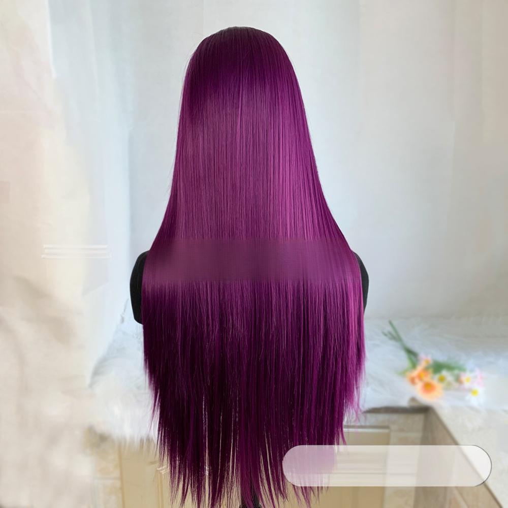 Peluca de color frontal de encaje de fibra recta---13*4---color morado berenjena