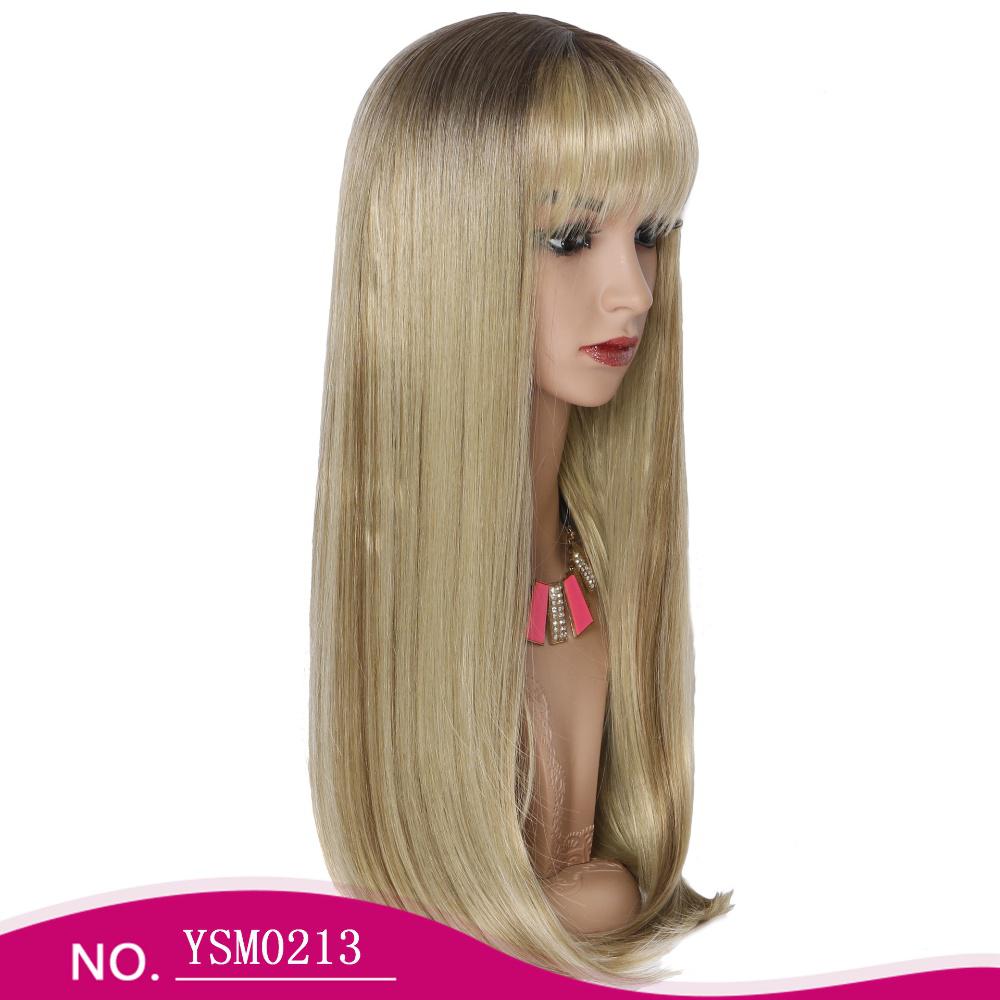 Fiber Wig with bangs gradient blonde brown rose mesh