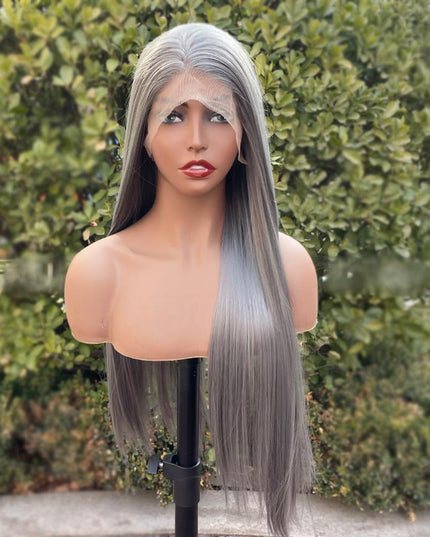 Synthetic lace frontal color wig straight---13*4---dark gray color---pay 1 get 2