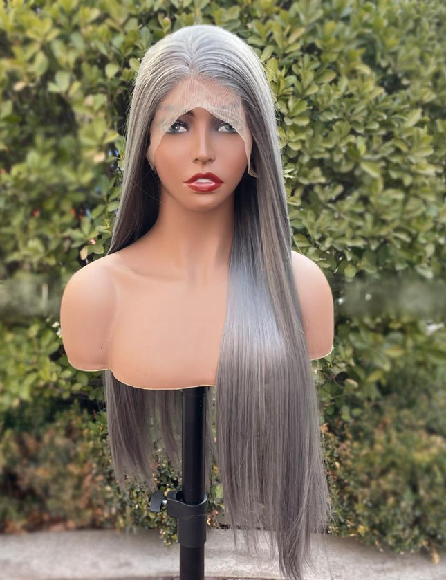 Synthetic lace frontal color wig straight---13*4---dark gray color---pay 1 get 2