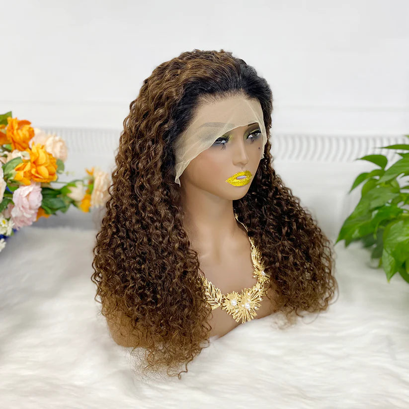 Jerry curly color #1B/4, 13x4 Lace Frontal wig 100% Virgin Human Hair Transparent  LACE Wig 180% density