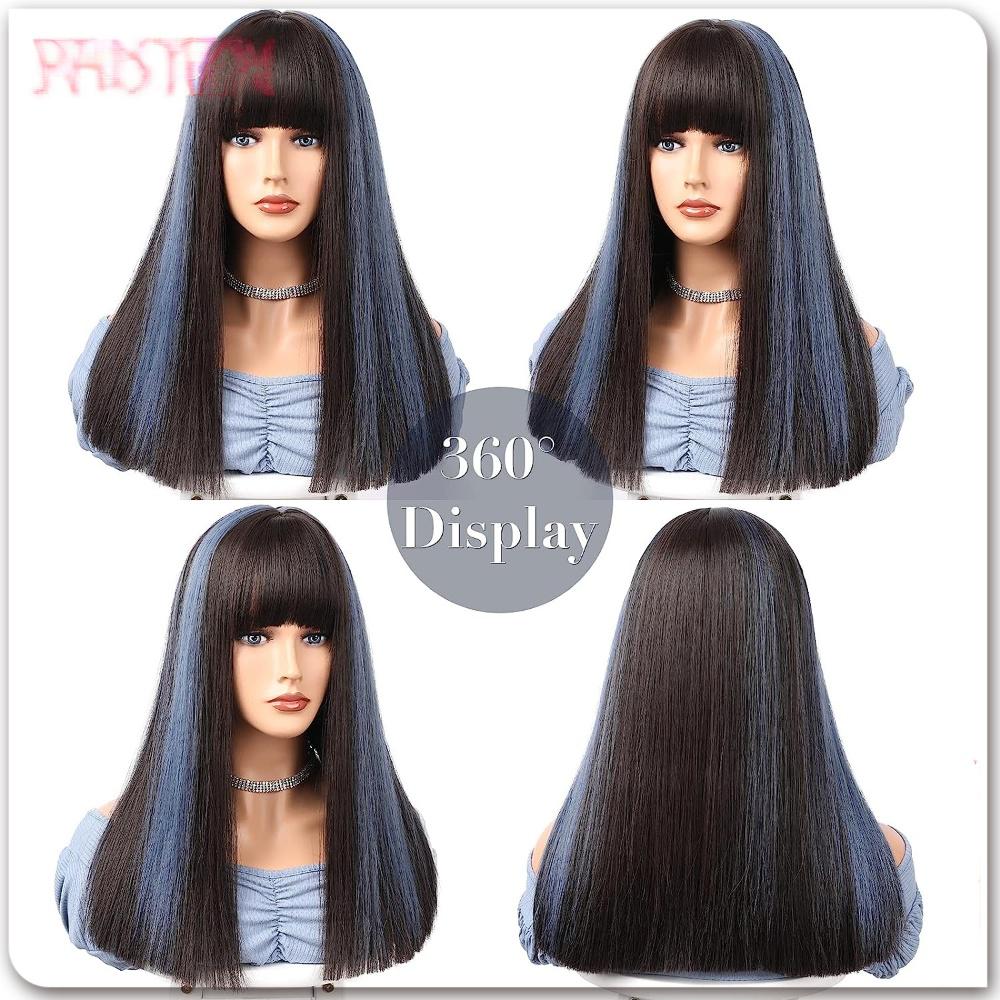 Straight fiber wig in brown and blue with bangs, long straight hair