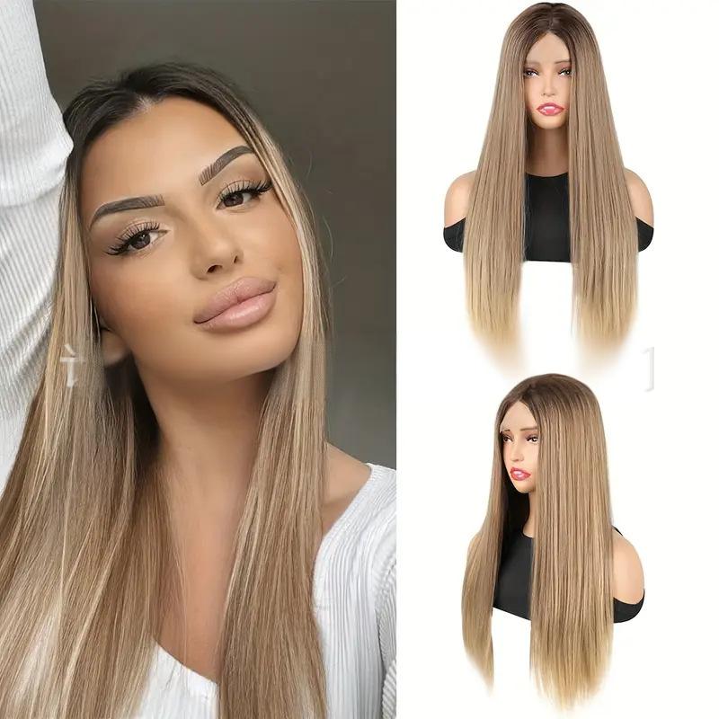 Synthetic fiber lace wig straight