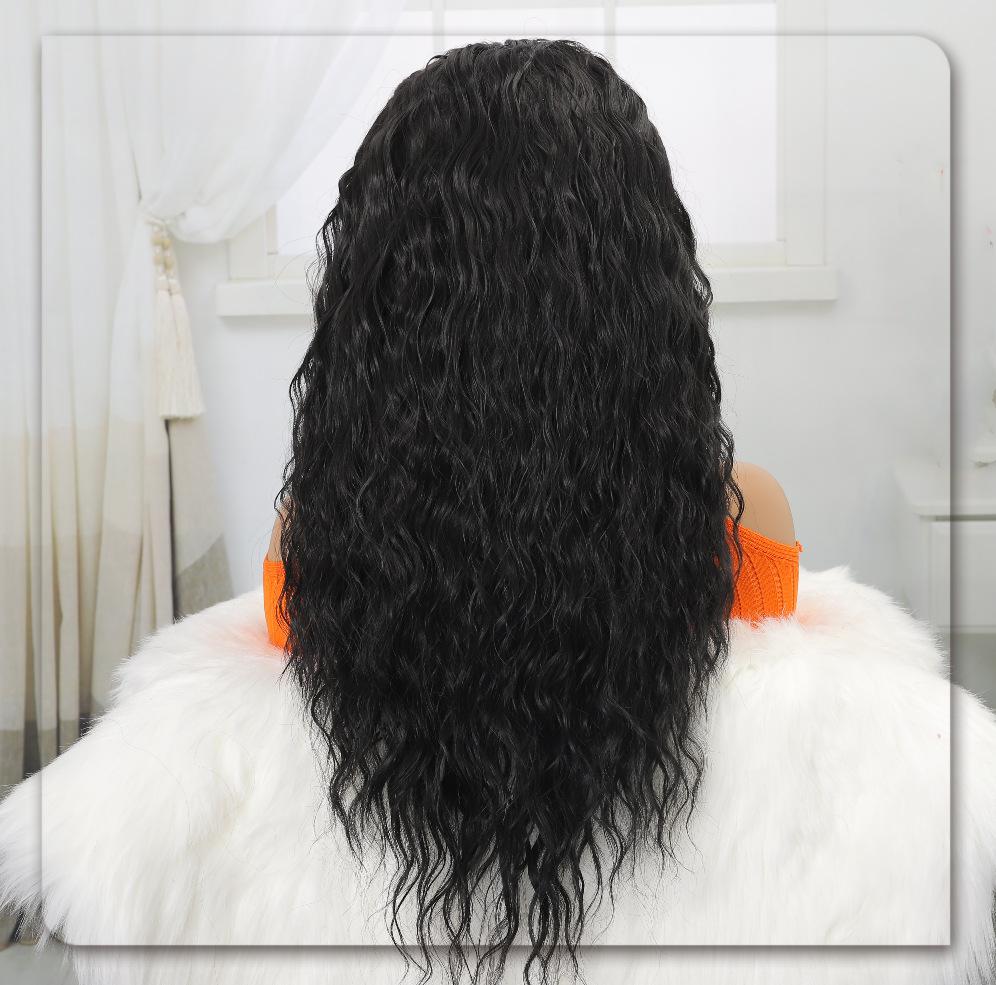 Long wavy fiber wig hair ribbon black wool curl