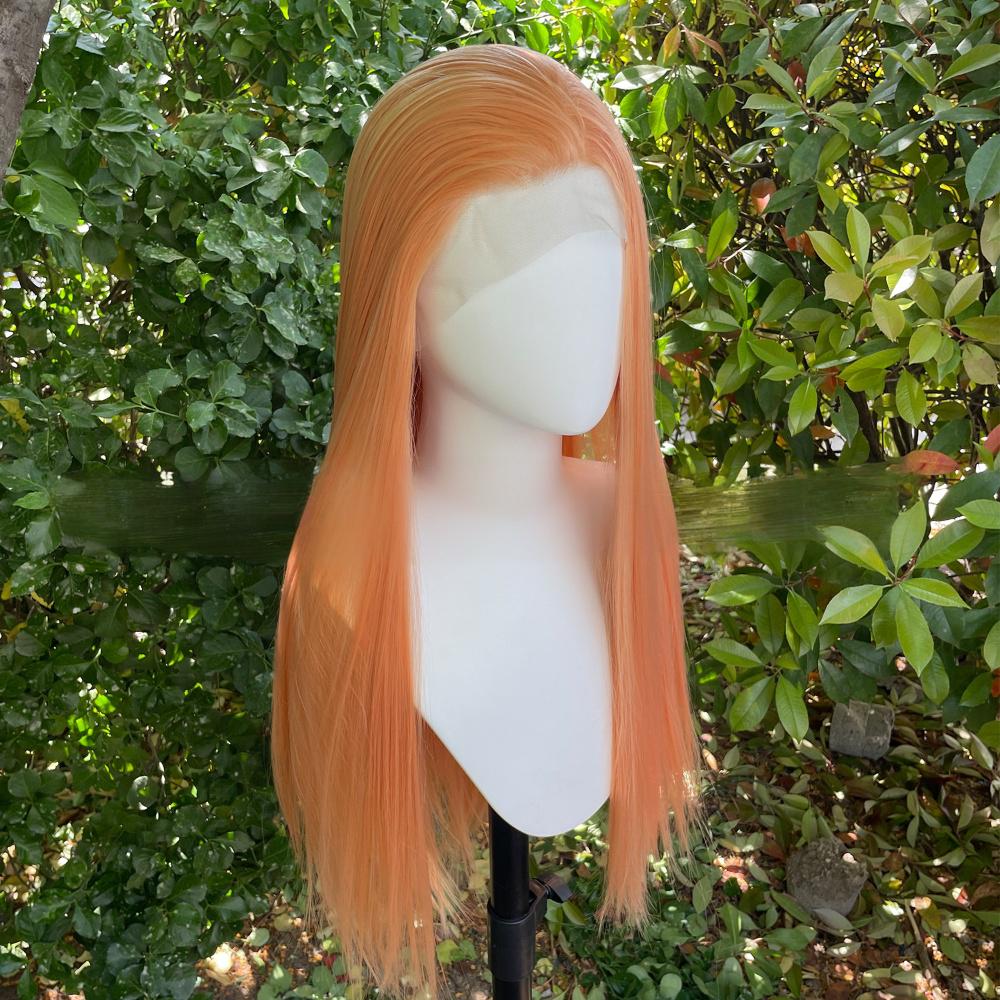 Peluca de color frontal con encaje de fibra, recta, 13 x 4 pulgadas, color rosa melocotón