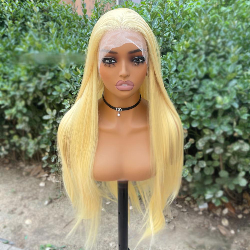 Peluca frontal de encaje de fibra de color liso --- 13*4 --- color amarillo claro